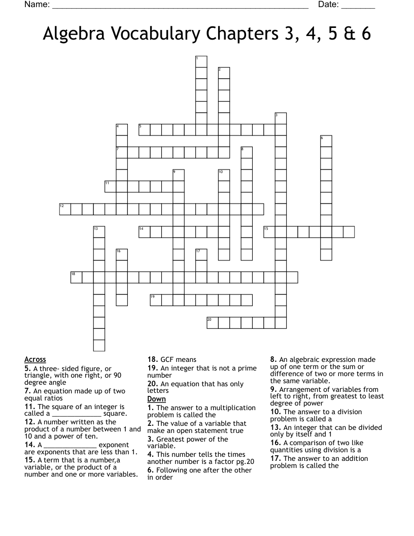 Algebra Vocabulary Chapters 3, 4, 5 & 6 Crossword