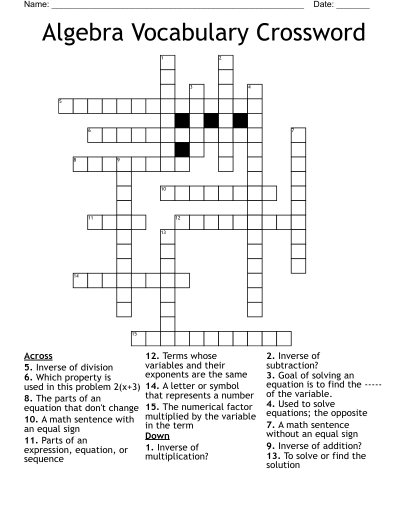 Algebra Vocabulary Crossword