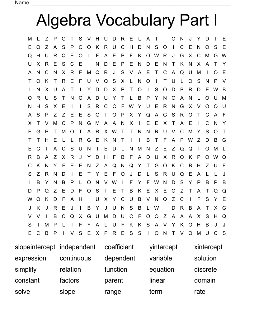 Algebra Vocabulary Part I Word Search