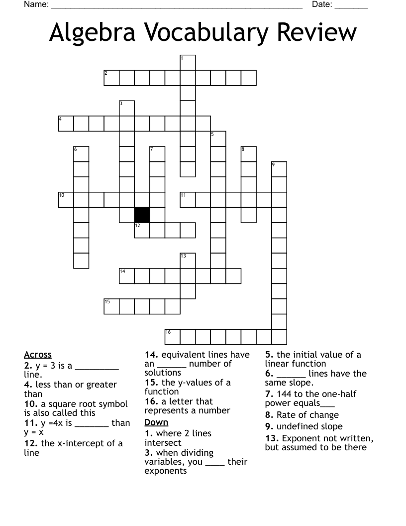 Algebra Vocabulary Review Crossword