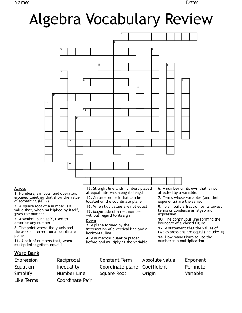 Algebra Vocabulary Review Crossword