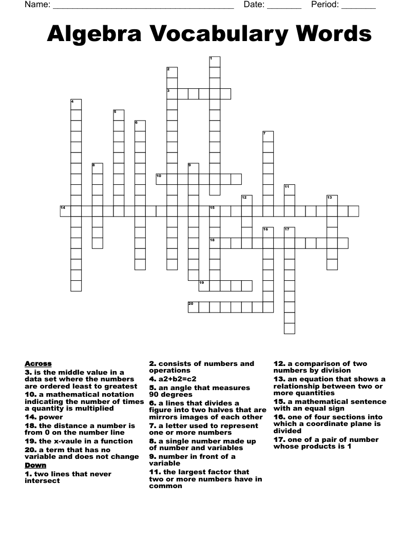 Algebra Vocabulary Words  Crossword