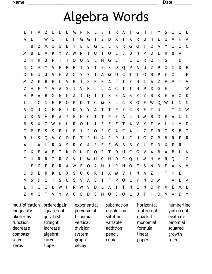 Algebra Words Word Search