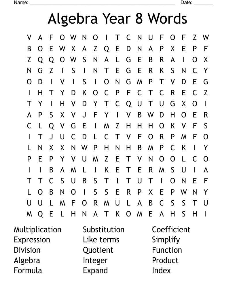 Algebra Year 8 Words Word Search