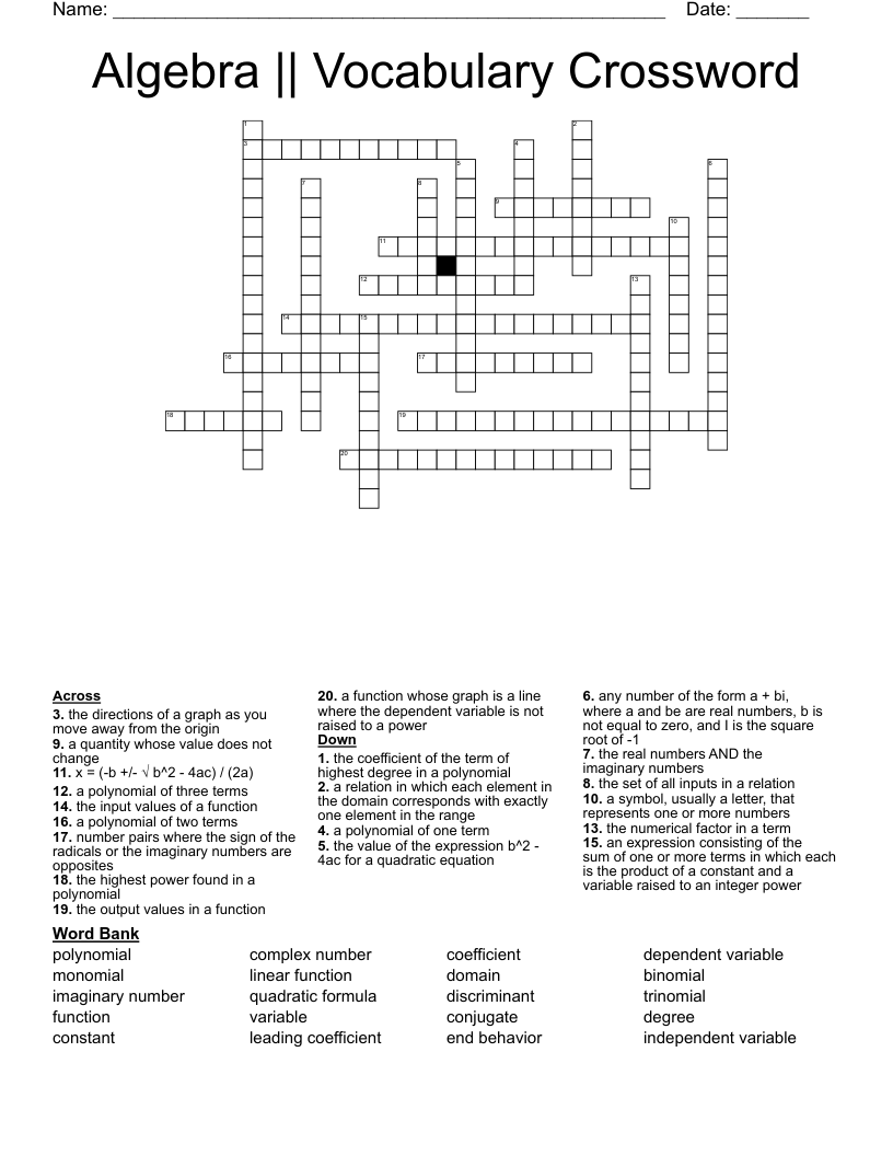 Algebra || Vocabulary Crossword