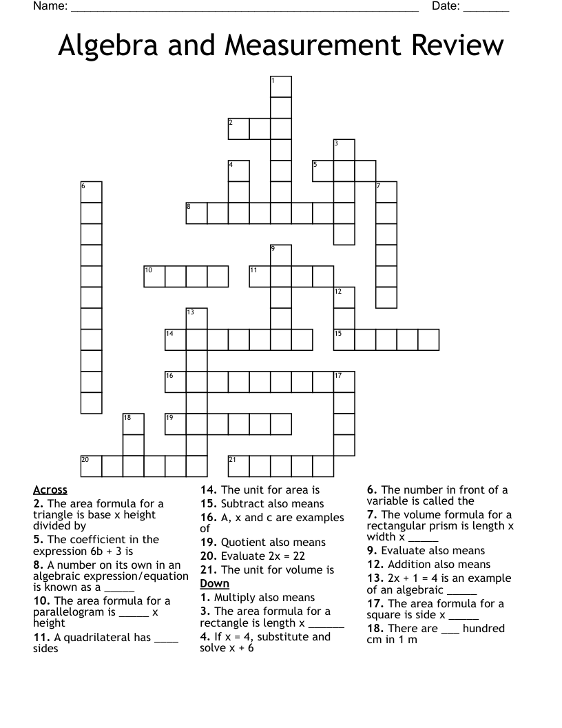 Algebra and Measurement Review Crossword