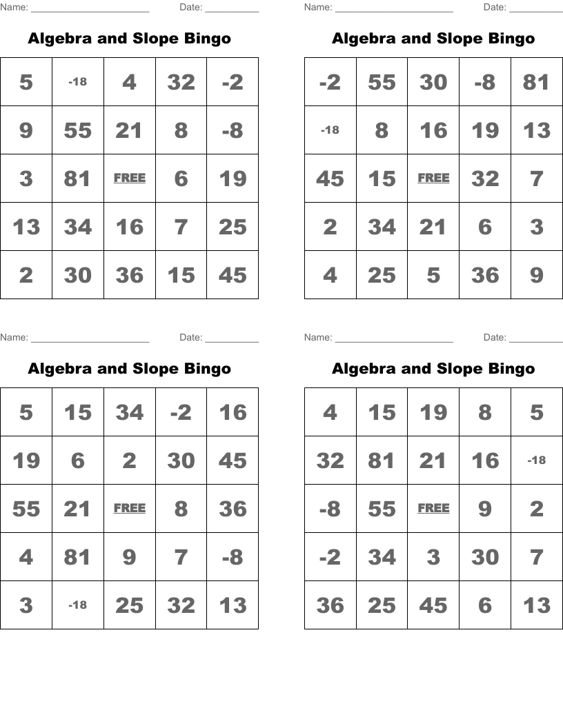 Algebra and Slope Bingo