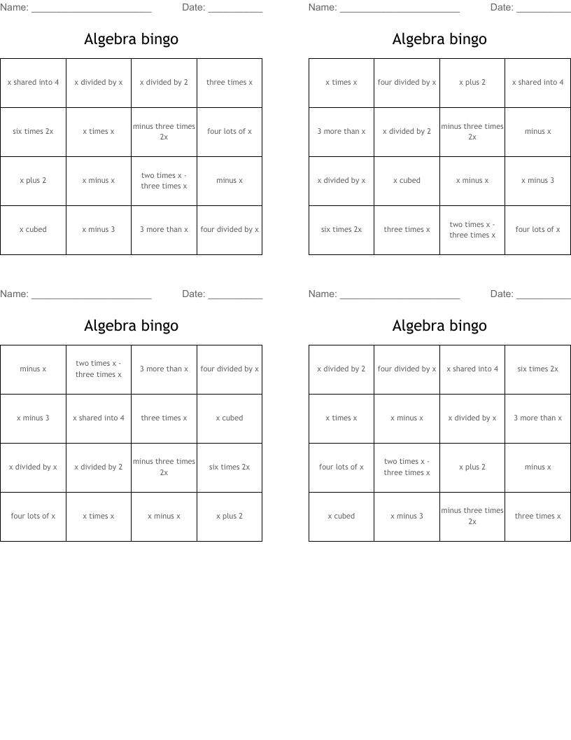 Algebra bingo