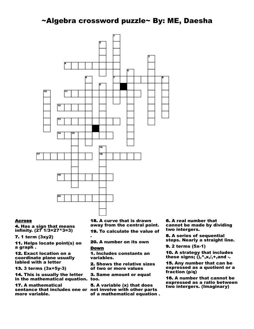 ~Algebra crossword puzzle~              By: ME, Daesha
