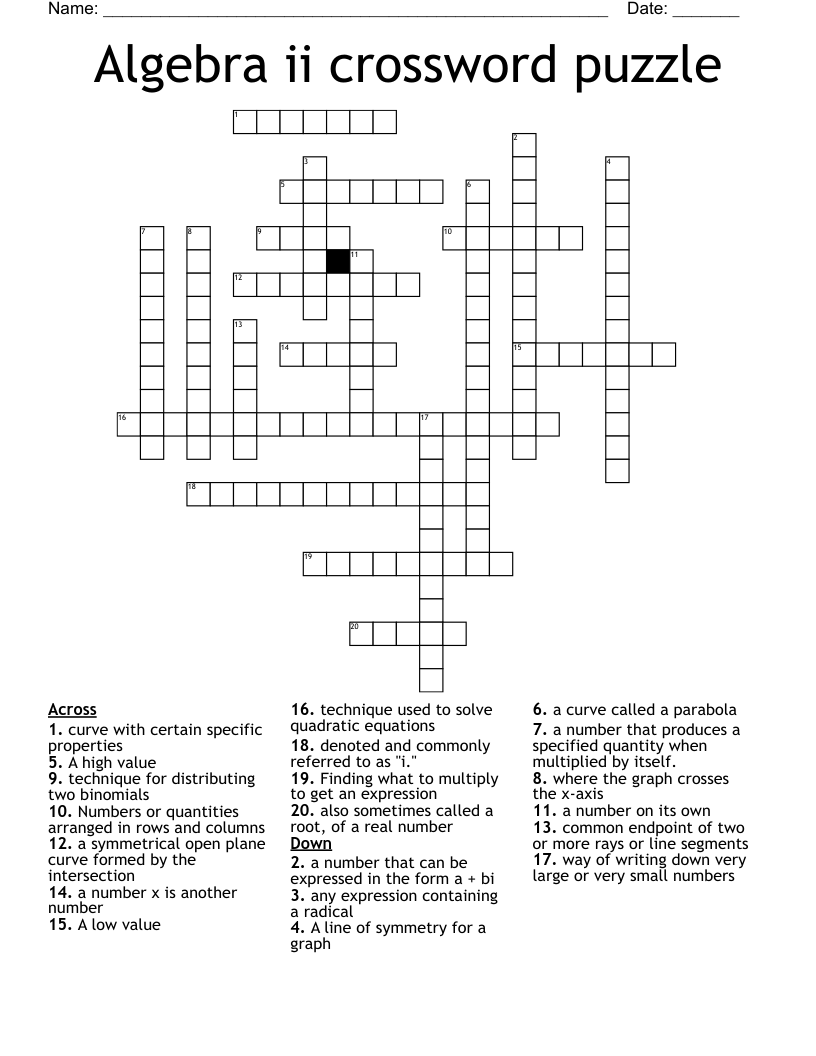 Algebra ii crossword puzzle