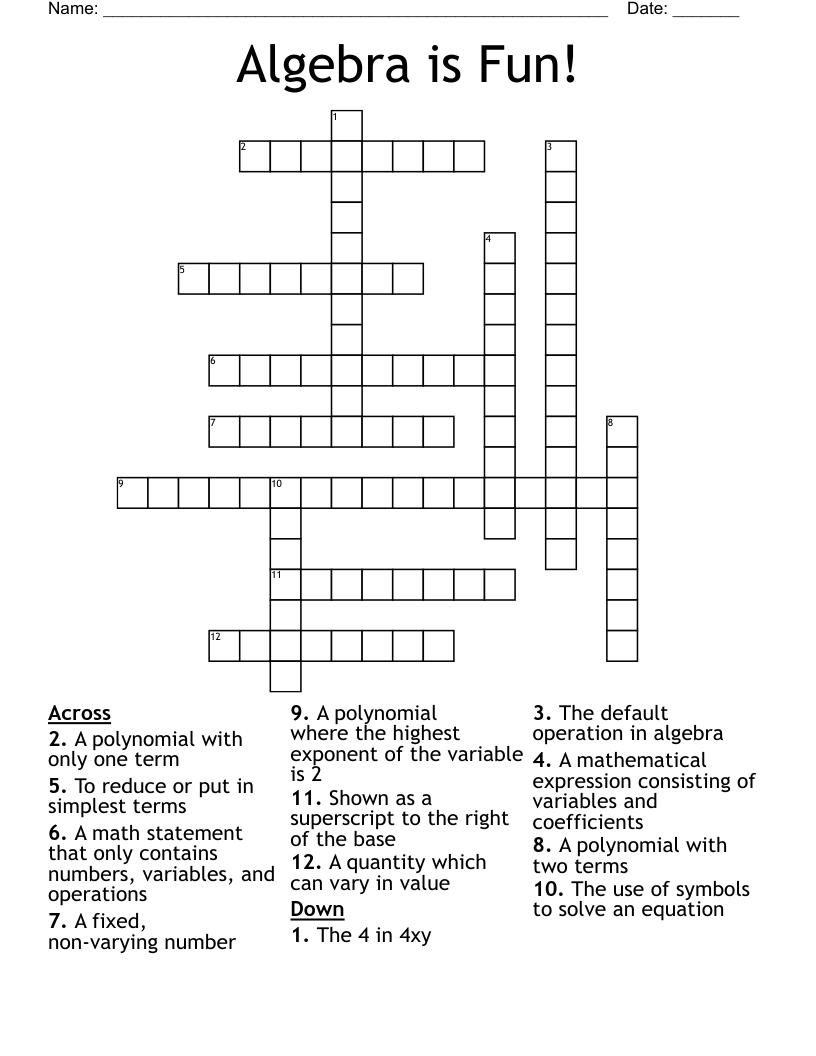 Algebra is Fun! Crossword