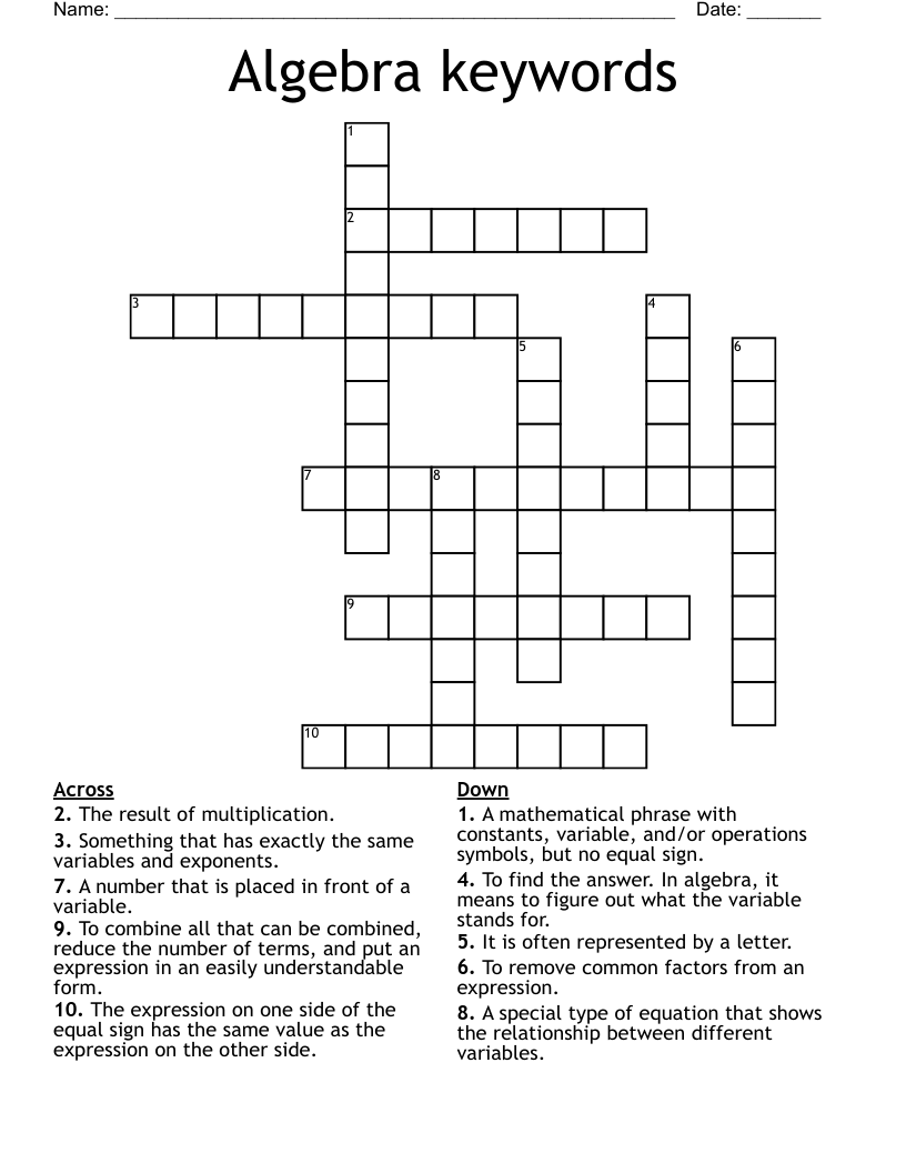 Algebra keywords Crossword
