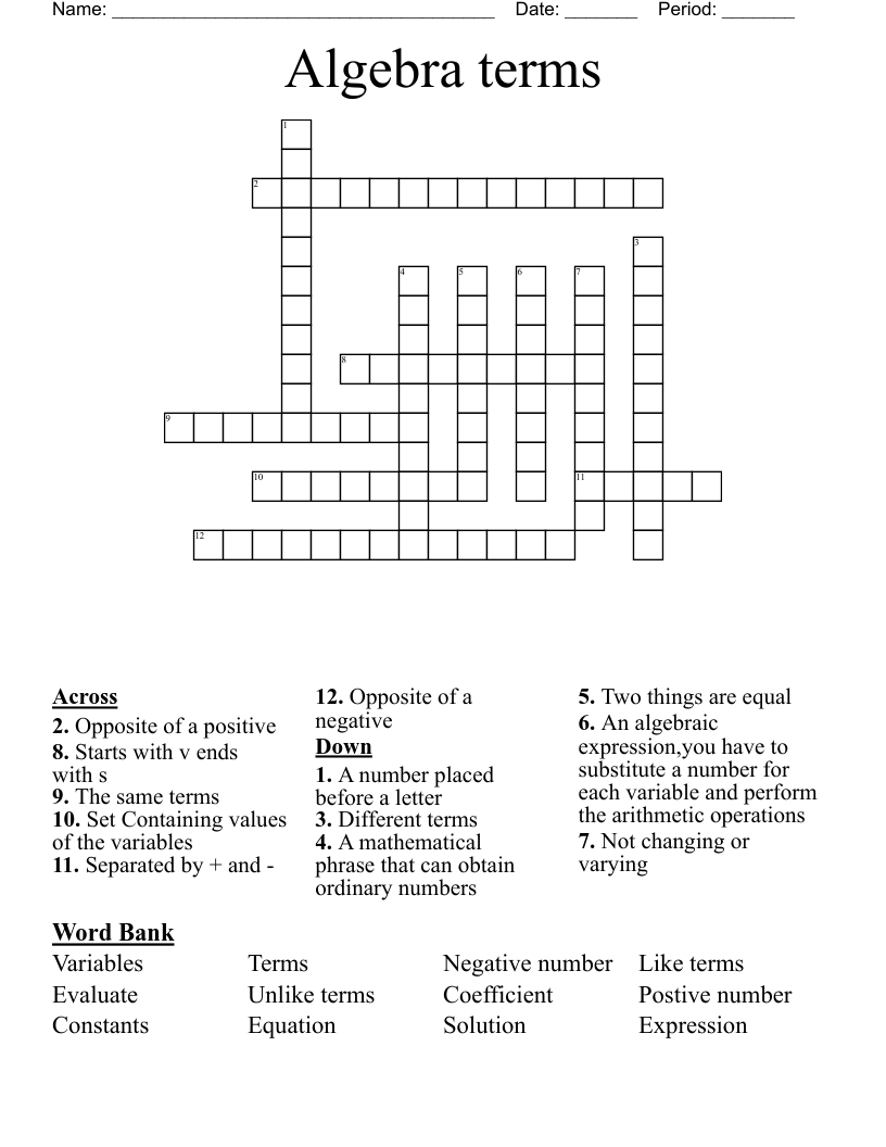Algebra terms Crossword