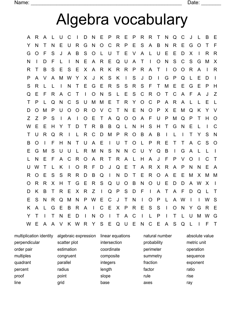 Algebra vocabulary  Word Search