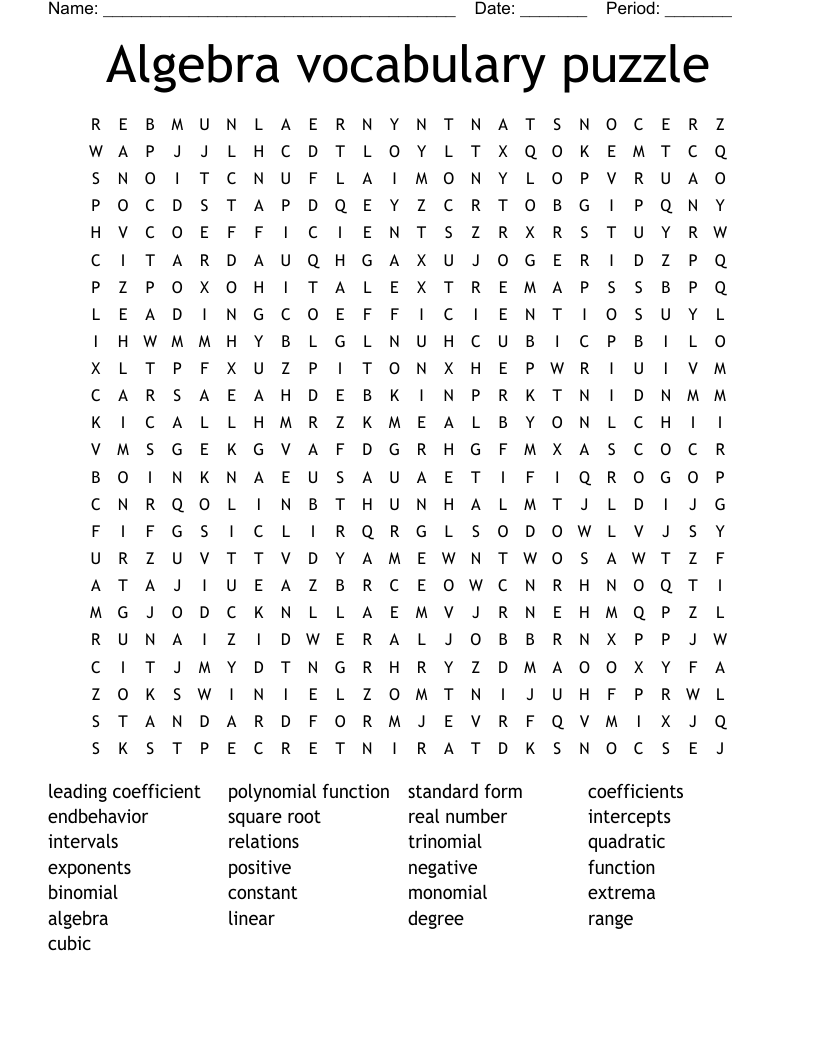 Algebra vocabulary puzzle Word Search