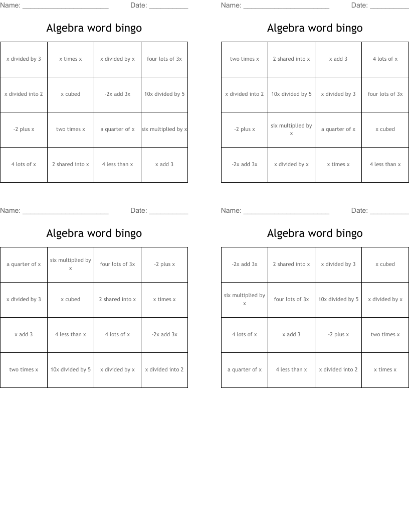 Algebra word bingo