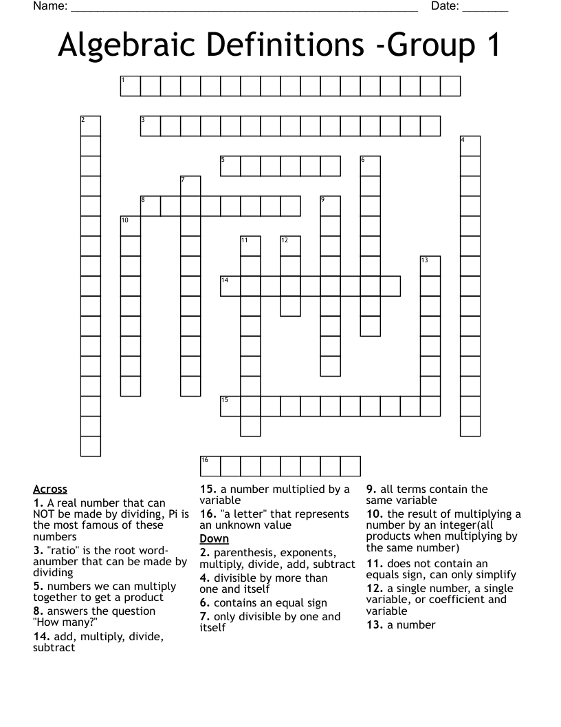 Algebraic Definitions -Group 1 Crossword