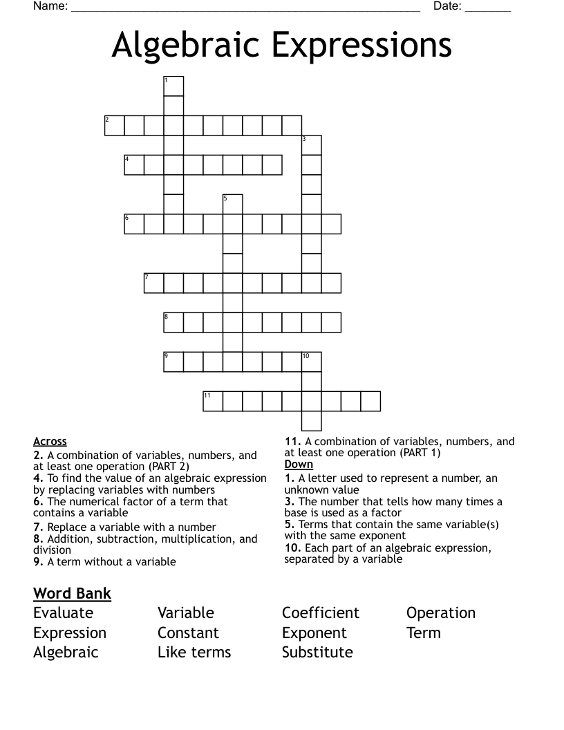 Algebraic Expressions Crossword