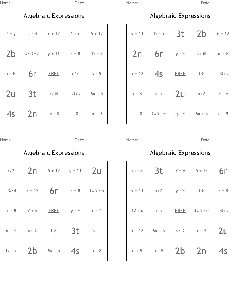 Algebraic Expressions Bingo Cards