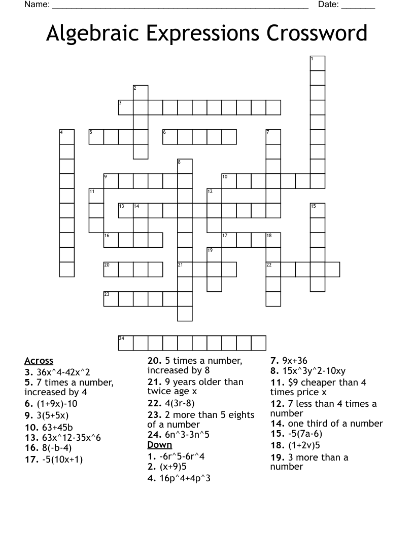 Algebraic Expressions Crossword 