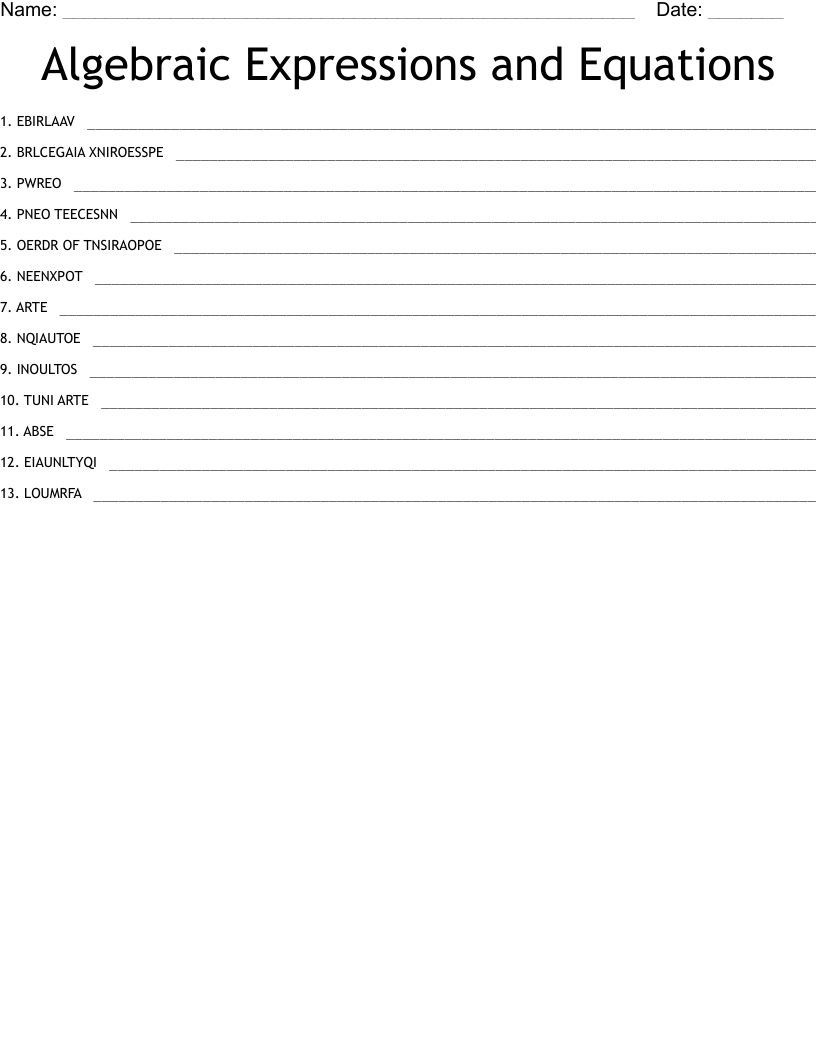 Algebraic Expressions and Equations Word Scramble