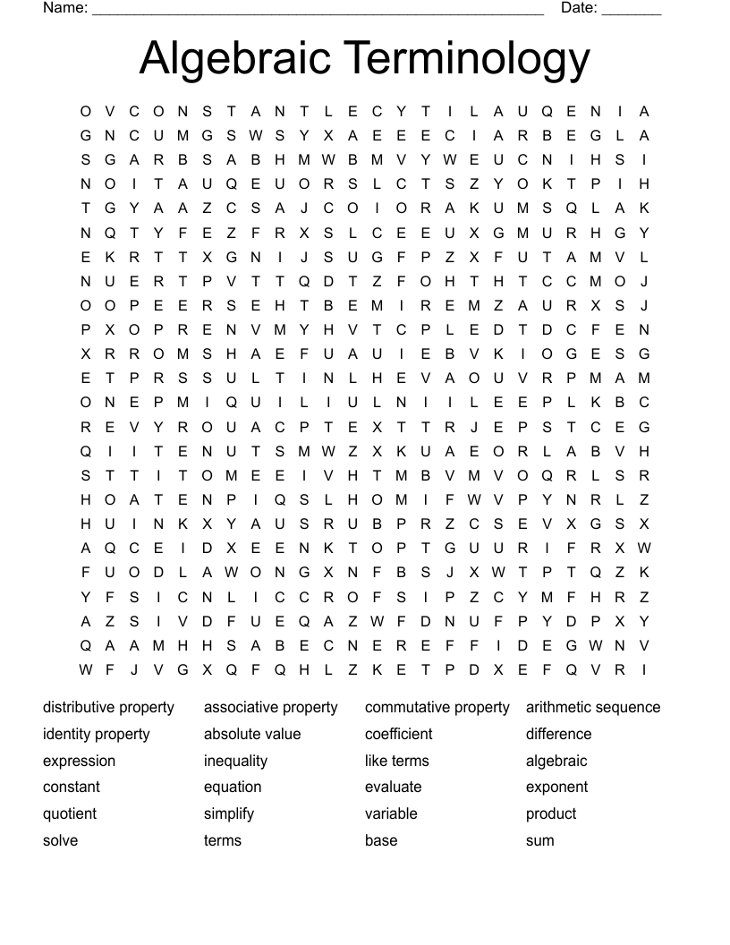 Algebraic Terminology Word Search
