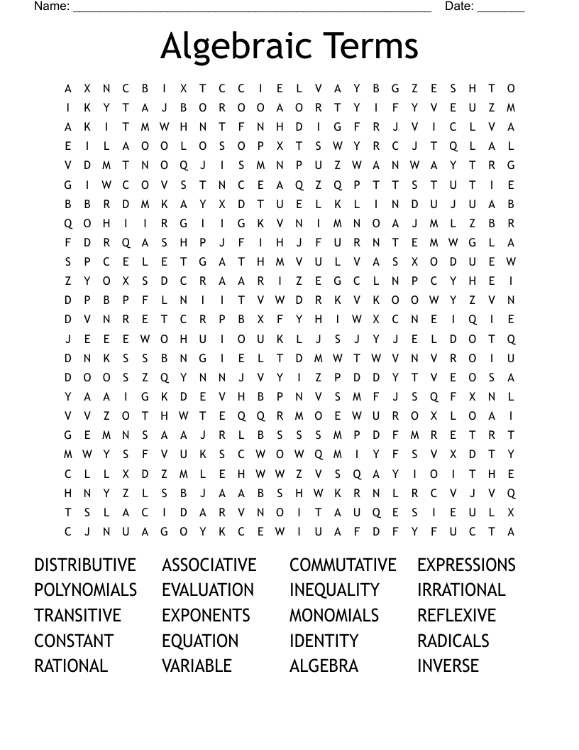 Algebraic Terms Word Search