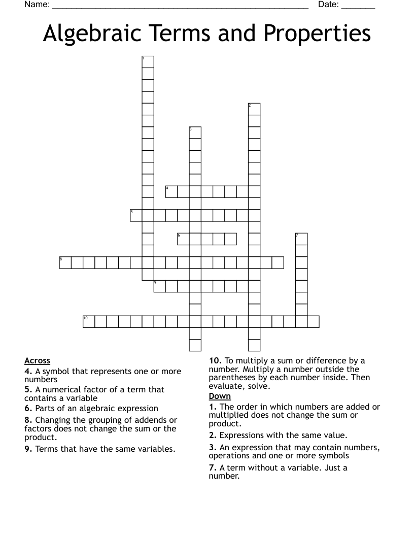 Algebraic Terms and Properties Crossword