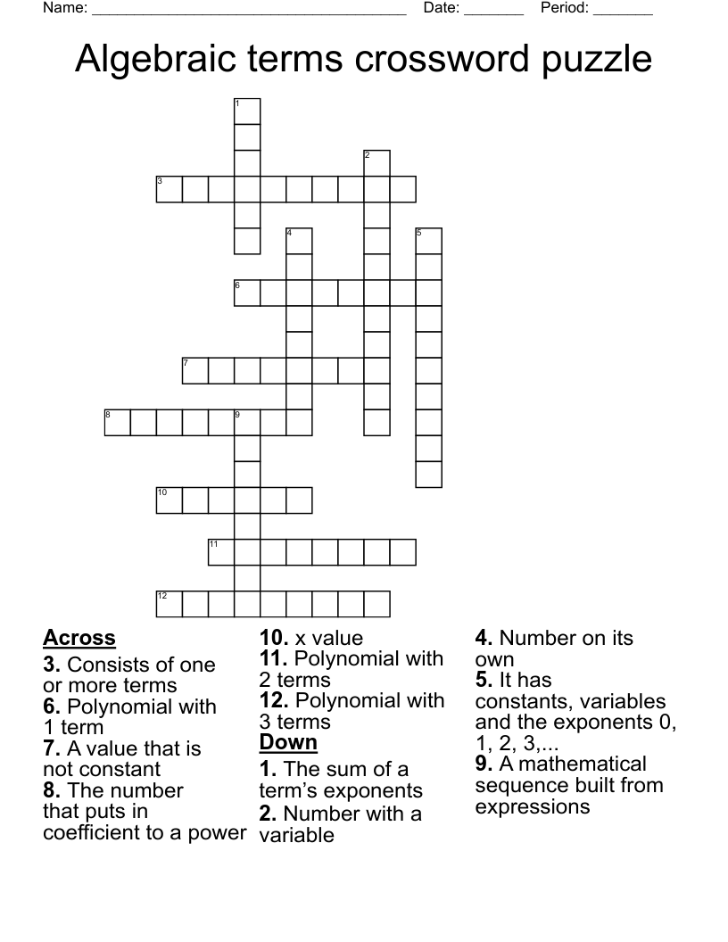 Algebraic terms crossword puzzle