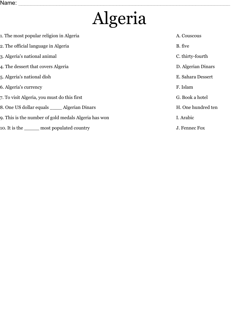 Algeria Worksheet
