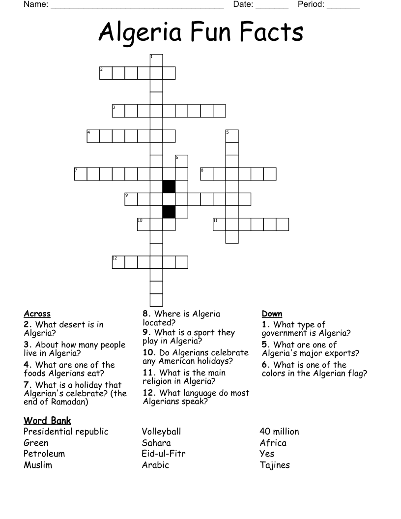 Algeria Fun Facts Crossword