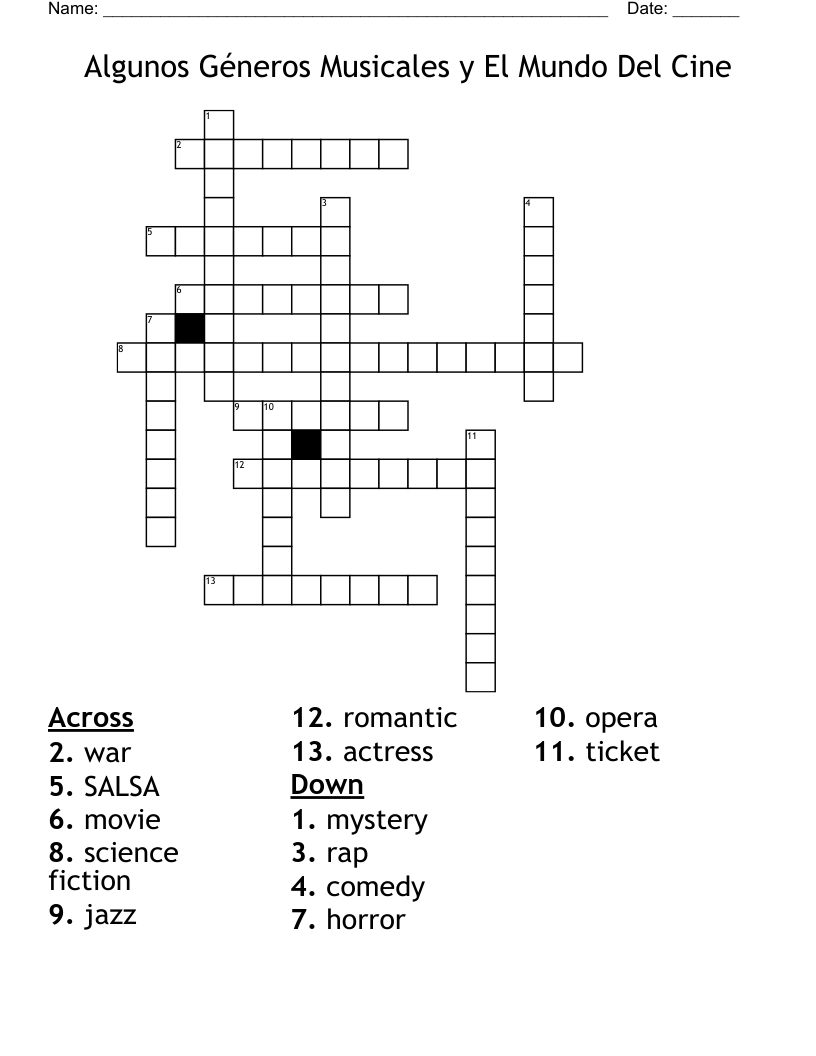 Algunos Géneros Musicales y El Mundo Del Cine Crossword