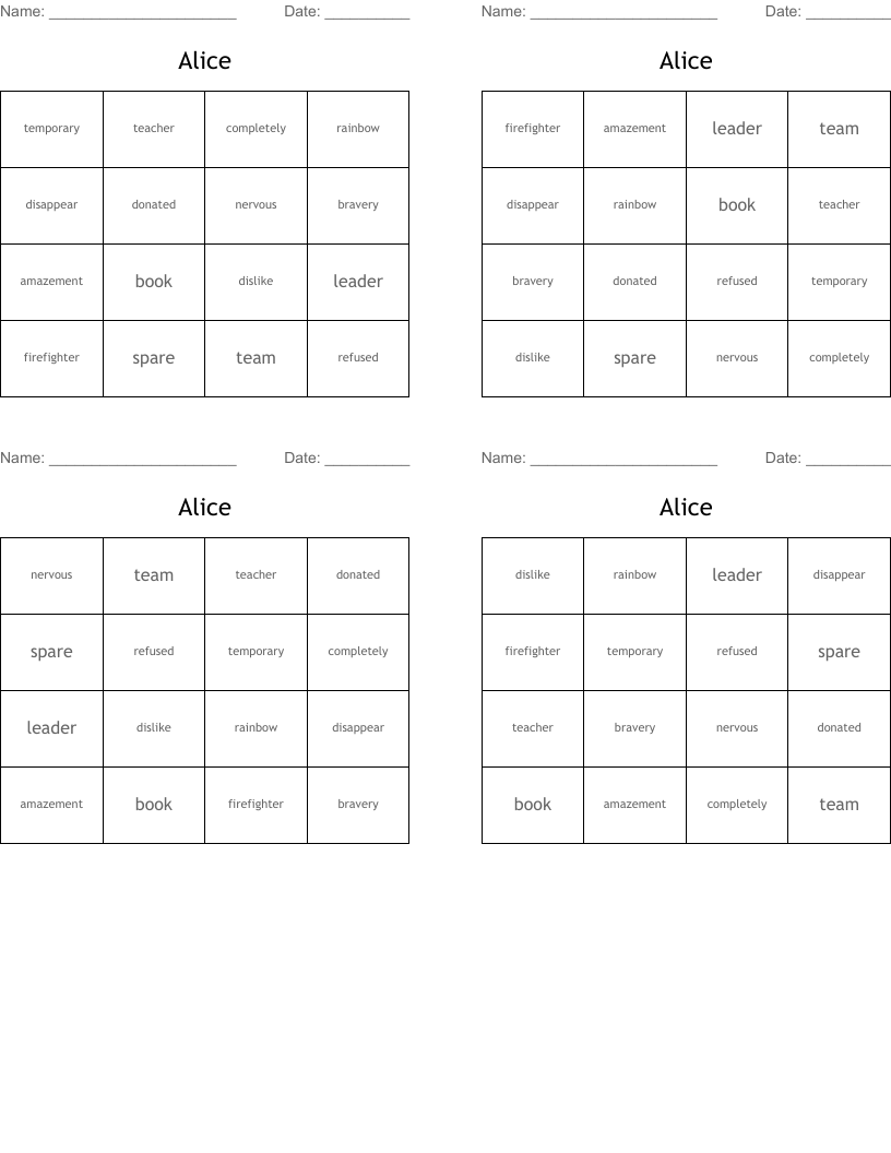 Alice Bingo Cards
