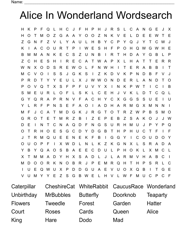 Alice In Wonderland Wordsearch