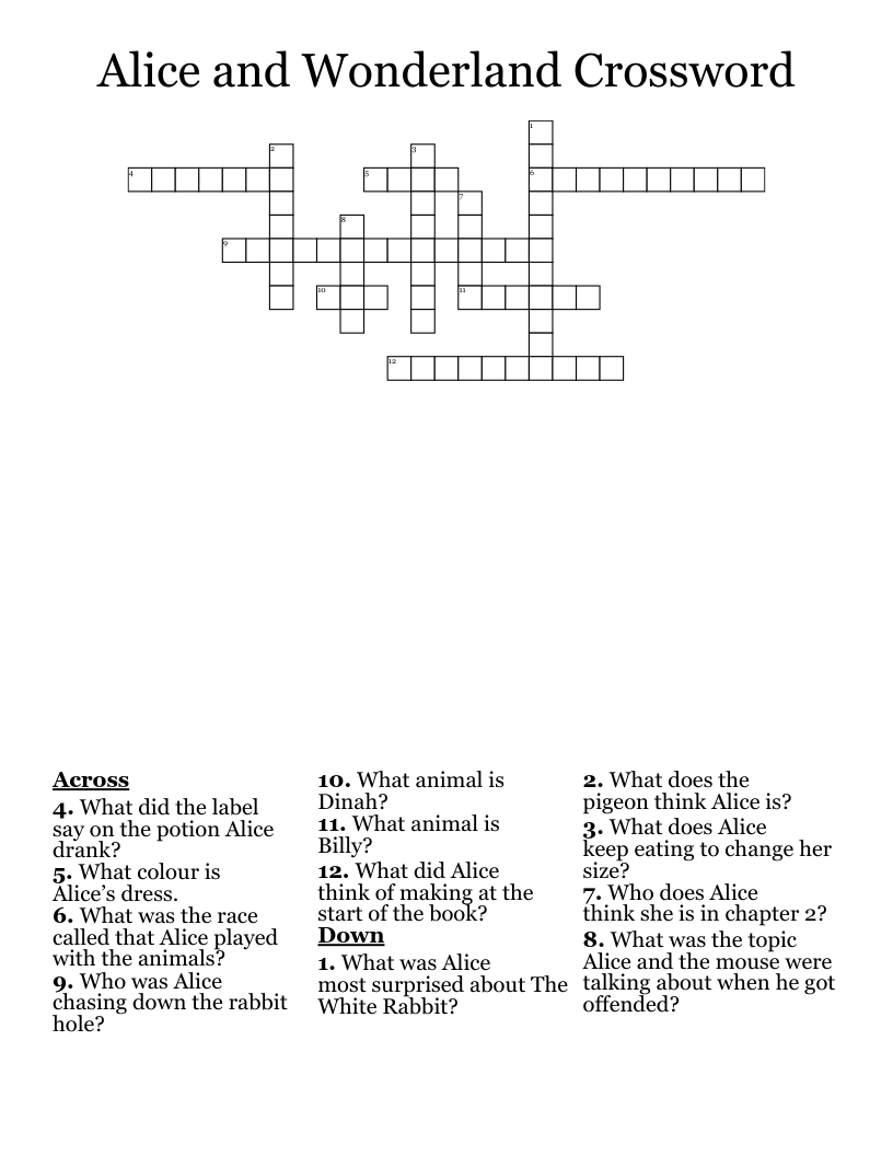 Alice and Wonderland Crossword 