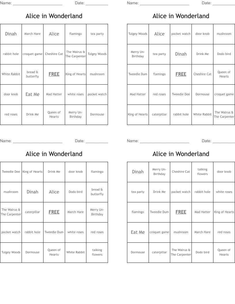 Alice in Wonderland Bingo Cards