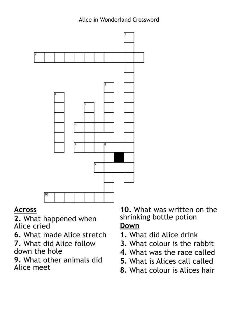 Alice in Wonderland Crossword                                                              