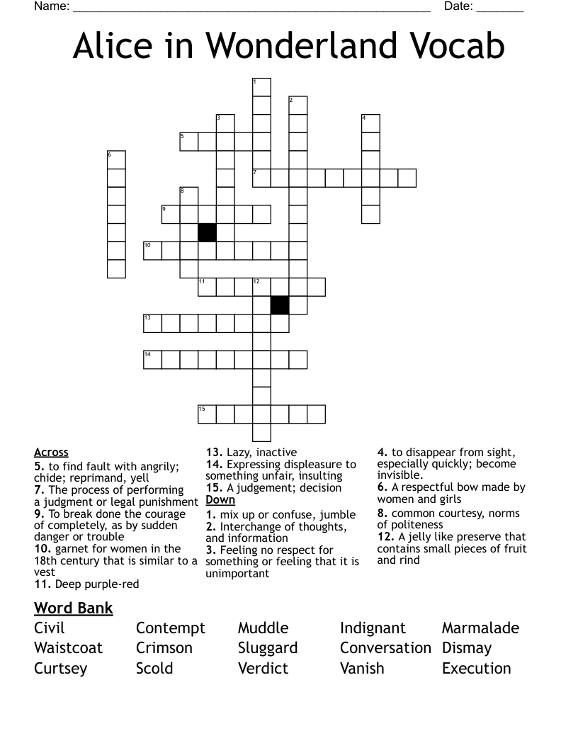 Alice in Wonderland Vocab Crossword