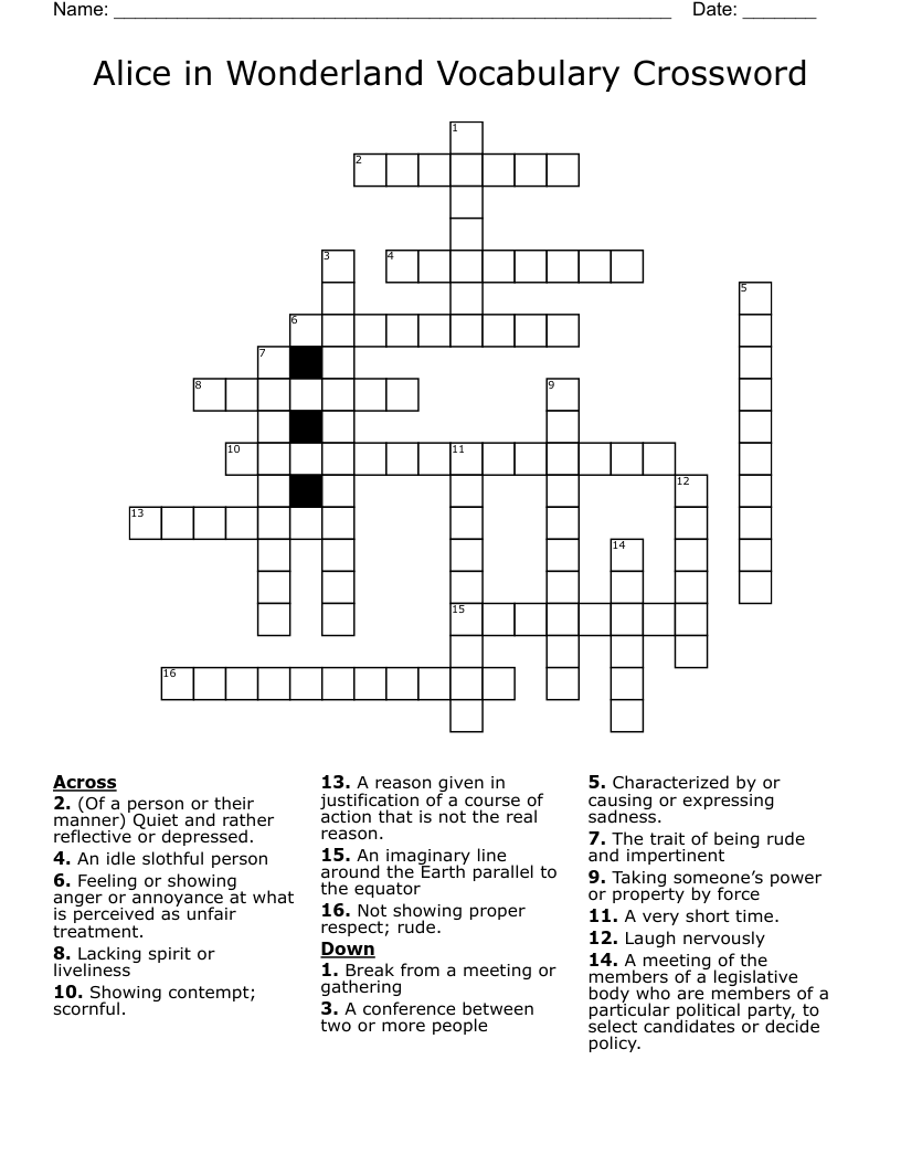Alice in Wonderland Vocabulary Crossword