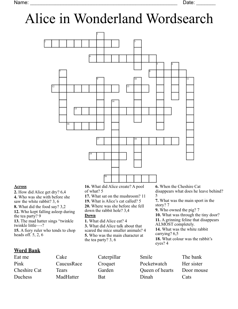Alice in Wonderland Wordsearch Crossword