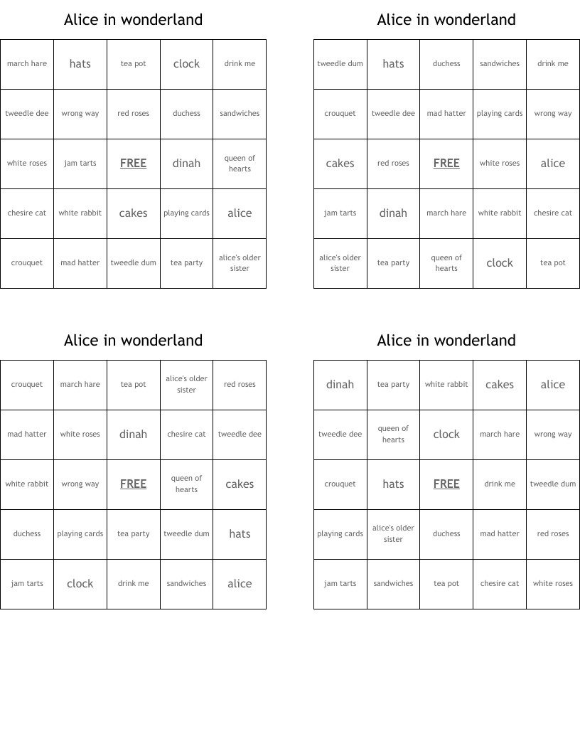 Alice in wonderland Bingo Cards