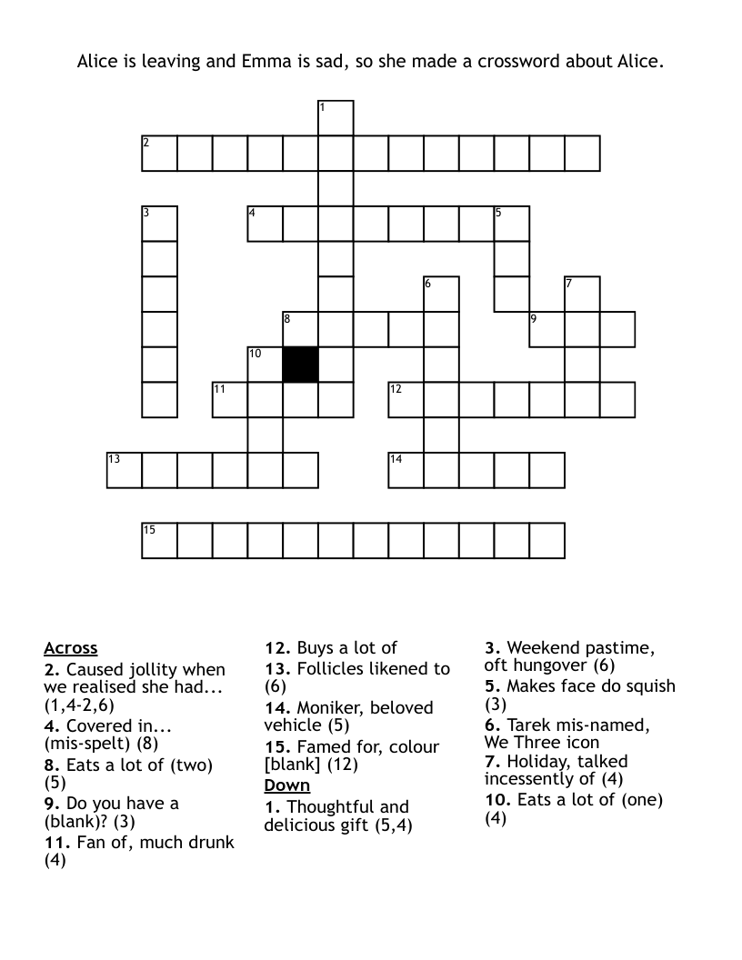 Alice is leaving and Emma is sad, so she made a crossword about Alice.