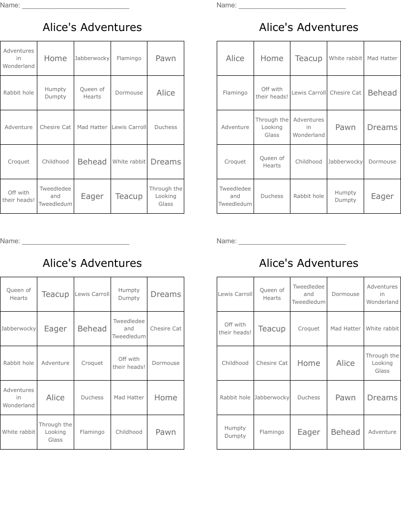 Alice's Adventures Bingo Cards