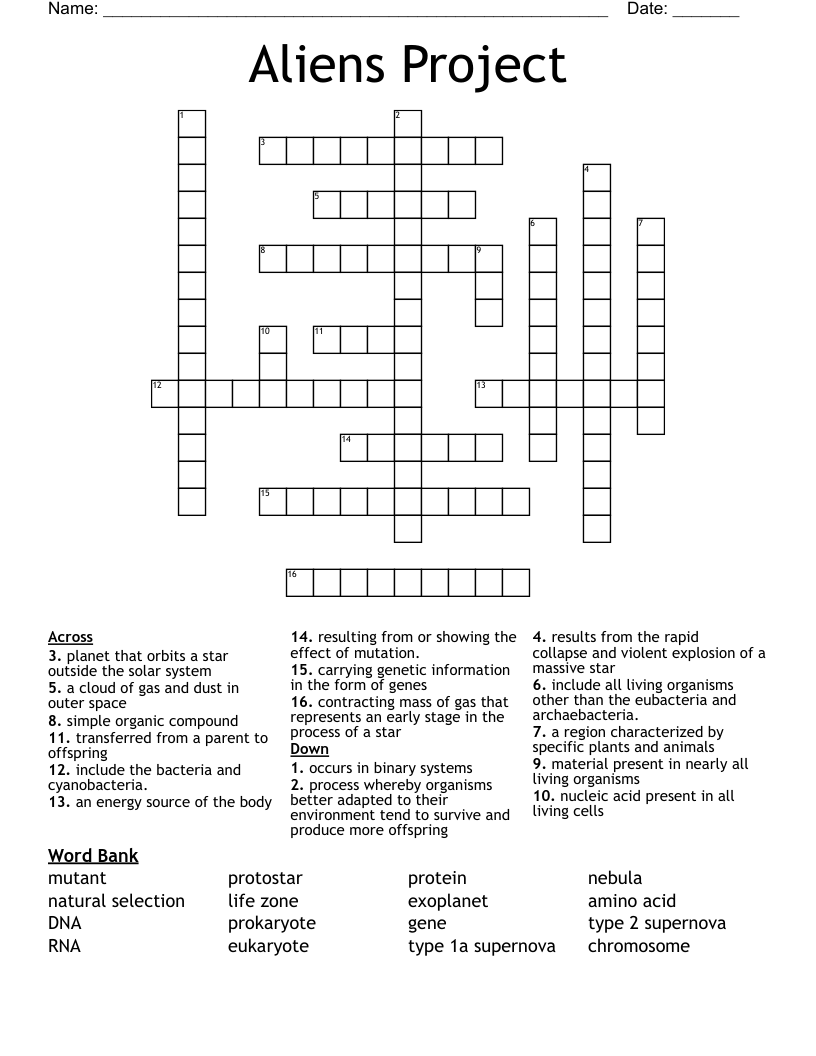 Aliens Project Crossword