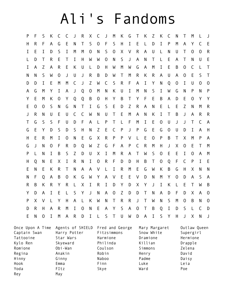 Ali's Fandoms Word Search