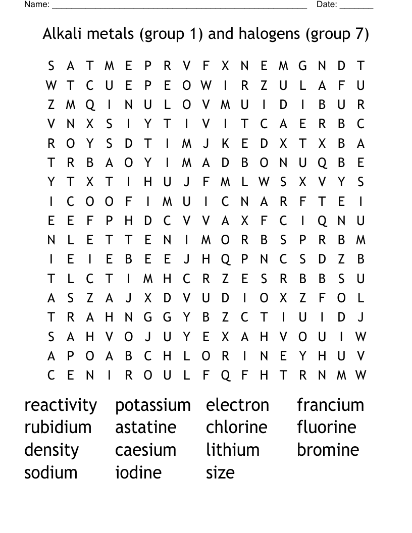 Alkali metals (group 1) and halogens (group 7) Word Search