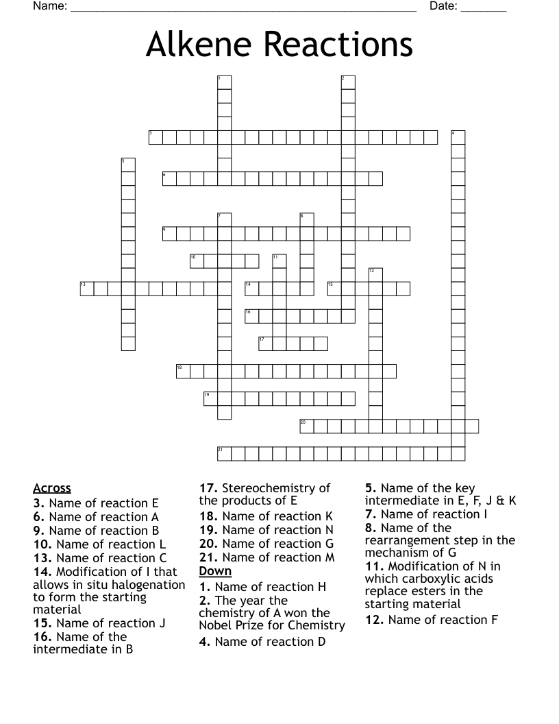 Alkene Reactions Crossword