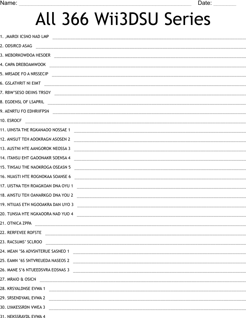 All 366 Wii3DSU Series Word Scramble