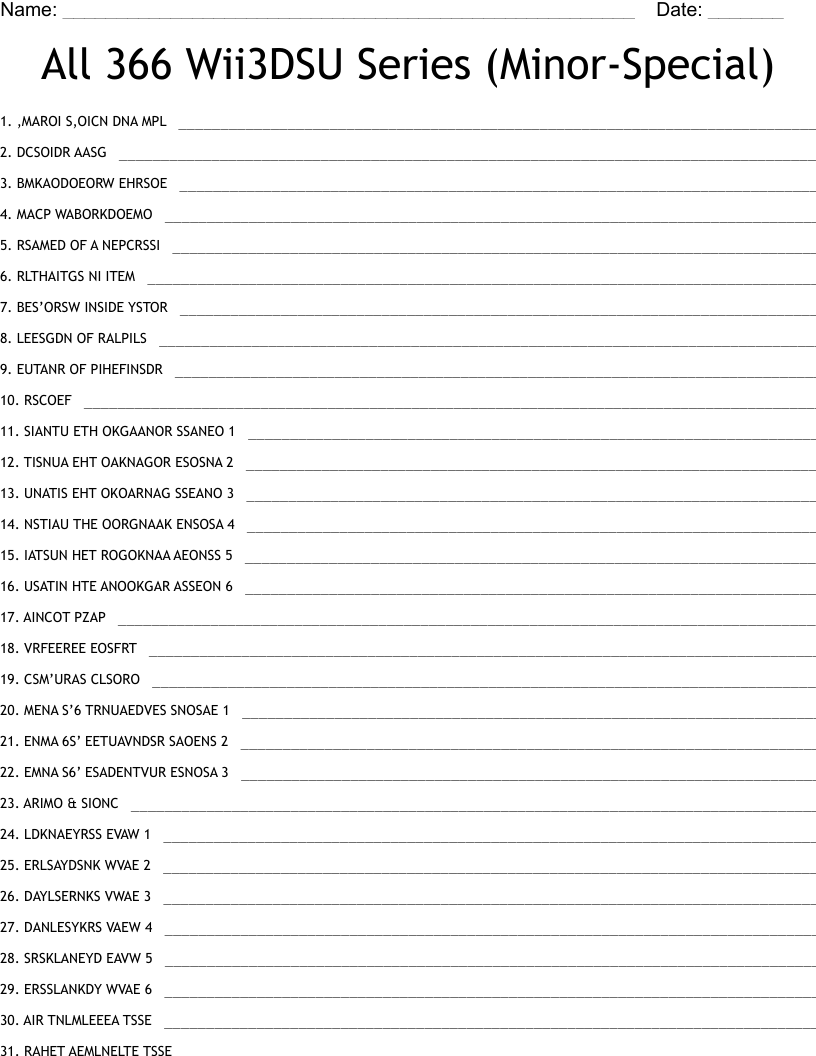All 366 Wii3DSU Series (Minor-Special) Word Scramble