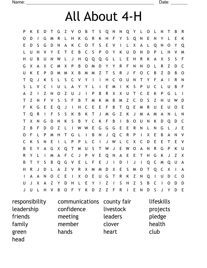 All About 4-H Word Search